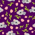 Seamless pattern with koala babies and pink tulips. Purple background. Floral ornament. Flat ÃÂartoon style. Cute and funny.